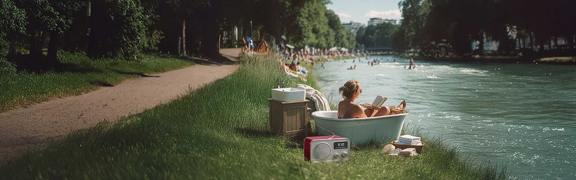 Frau sitzt in einer Badewann und list ein Buch, direkt am Ufer der Isar im Grünen. Ein Radio steht vor der Badewanne im Gras.